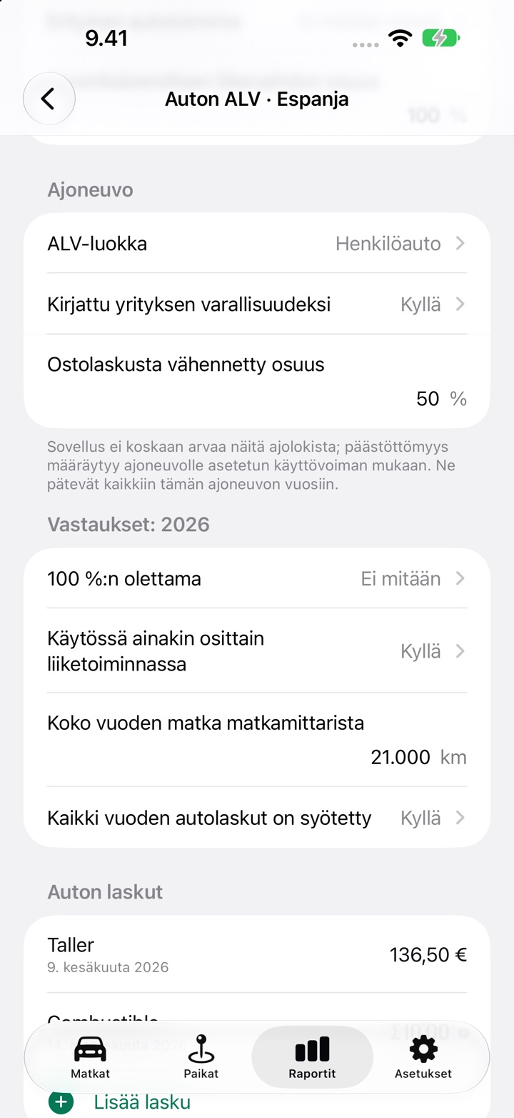 Espanjan Auton ALV -näkymä: Ajoneuvo, jossa ALV-luokka, kirjaus yrityksen varallisuudeksi ja ostolaskusta vähennetty 50 %:n osuus, sitten vuoden 2026 vastaukset: 100 %:n olettama, liiketoimintakäyttö ja koko vuoden matka matkamittarista