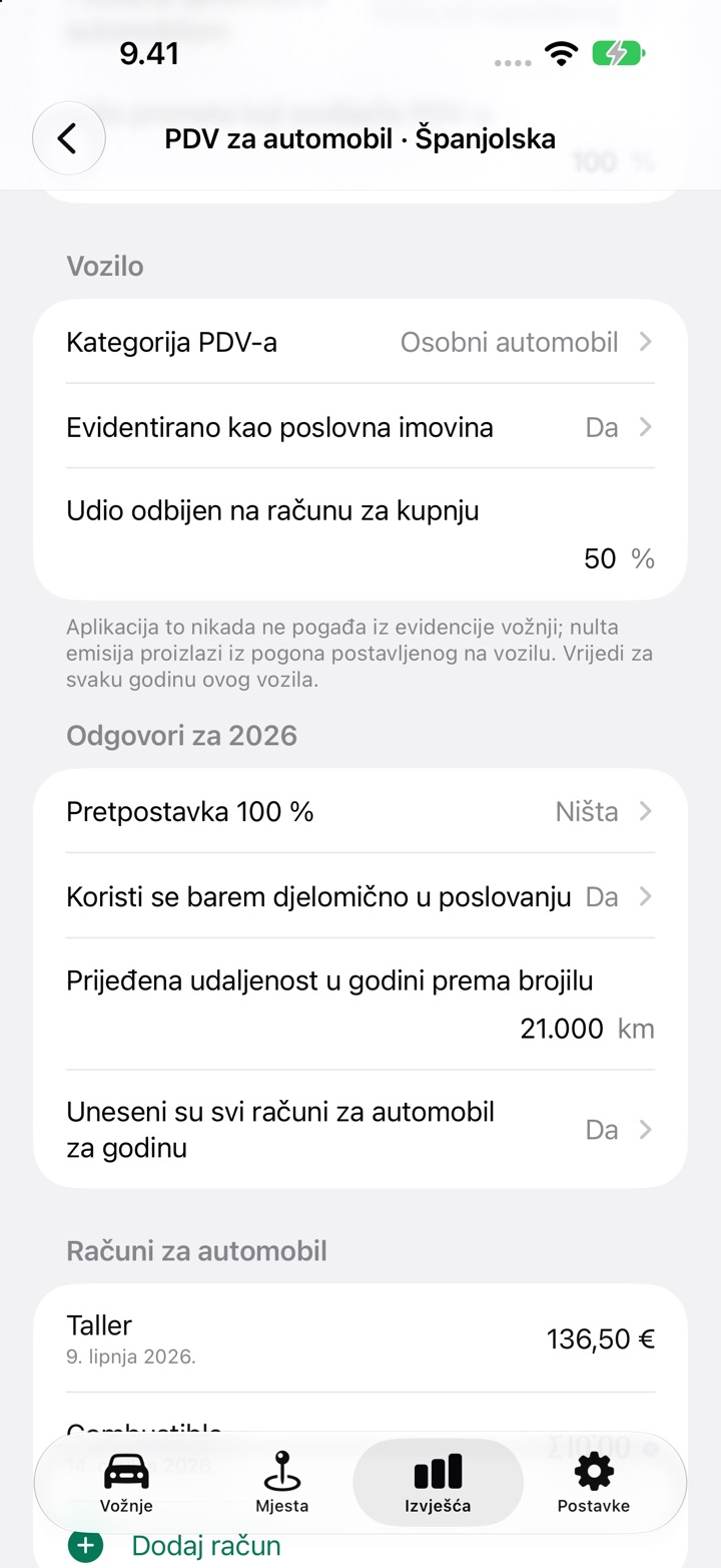 Zaslon PDV za automobil za Španjolsku: Vozilo s kategorijom PDV-a, evidencijom kao poslovna imovina i udjelom od 50 % odbijenim na računu za kupnju, zatim odgovori za 2026. s pretpostavkom 100 %, poslovnom uporabom i godišnjom udaljenošću prema brojilu