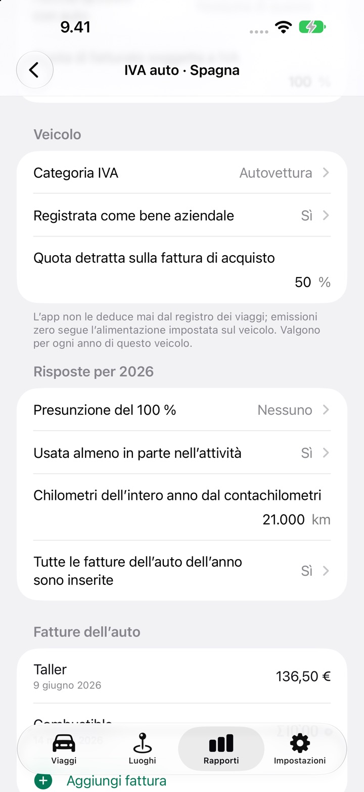 La schermata IVA auto per la Spagna: Veicolo con la categoria IVA, la registrazione come bene aziendale e una quota del 50 % detratta sulla fattura di acquisto, poi le risposte per il 2026 con la presunzione del 100 %, l’uso nell’attività e i chilometri dell’anno dal contachilometri