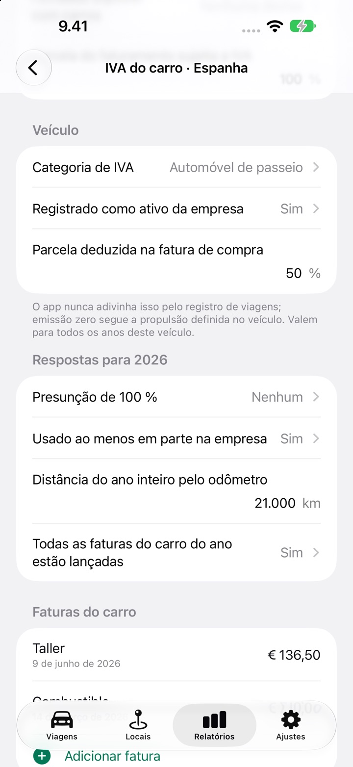 A tela IVA do carro para a Espanha: Veículo com a categoria de IVA, registrado como ativo da empresa e uma parcela de 50 % deduzida na fatura de compra, depois as respostas para 2026 com a presunção de 100 %, o uso na atividade e a distância do ano inteiro pelo odômetro