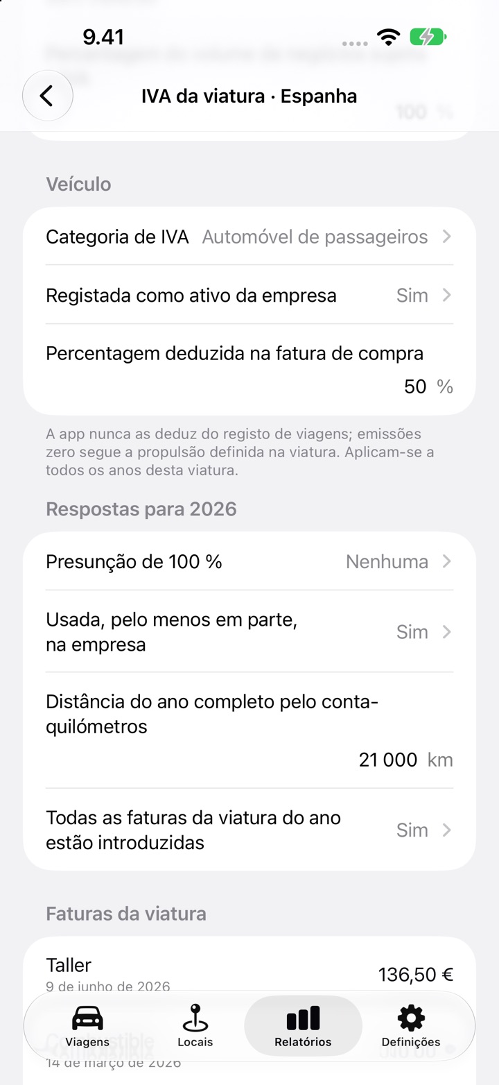O ecrã IVA da viatura para Espanha: Veículo com a categoria de IVA, registada como ativo da empresa e uma percentagem de 50 % deduzida na fatura de compra, depois as respostas para 2026 com a presunção de 100 %, a utilização na atividade e a distância do ano completo pelo conta-quilómetros