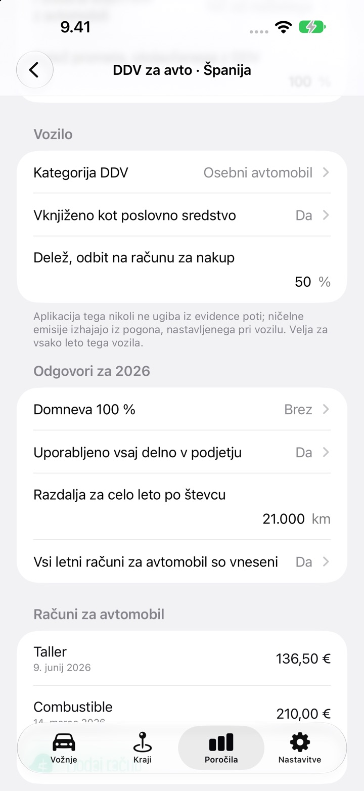 Zaslon DDV za avto za Španijo: Vozilo s kategorijo DDV, vknjižbo kot poslovno sredstvo in deležem 50 %, odbitim na računu za nakup, nato odgovori za 2026 z domnevo 100 %, poslovno uporabo in razdaljo za celo leto po števcu