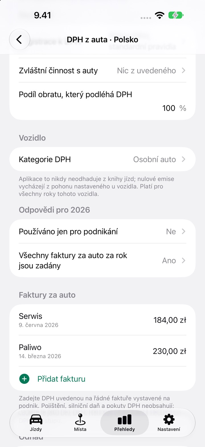 Obrazovka DPH z auta pro Polsko: registrace k DPH, podíl zdaněného obratu, kategorie DPH a otázka Používáno jen pro podnikání