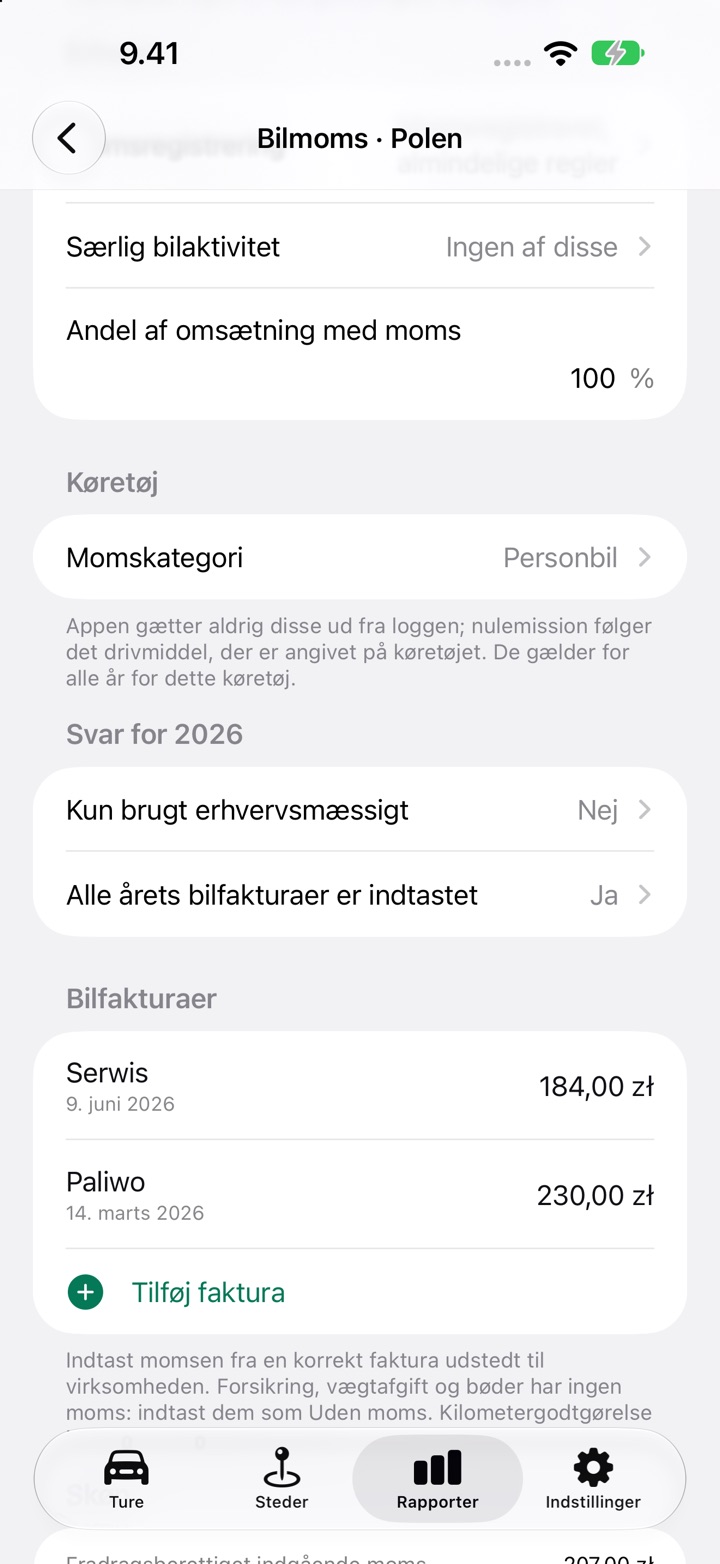 Skærmen Bilmoms for Polen: momsregistrering, andel af momspligtig omsætning, momskategori og spørgsmålet Kun brugt erhvervsmæssigt