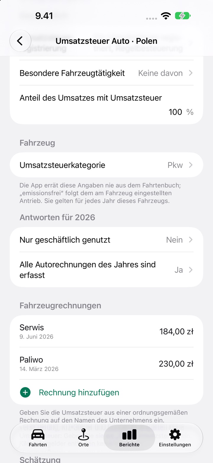 Der Bildschirm Umsatzsteuer Auto für Polen: Umsatzsteuerregistrierung, Anteil umsatzsteuerpflichtiger Umsätze, Umsatzsteuerkategorie und die Frage Nur geschäftlich genutzt