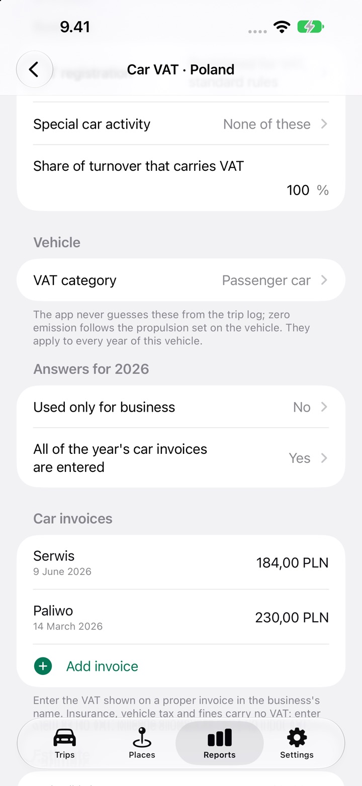 The Car VAT screen for Poland: VAT registration, share of taxed turnover, VAT category and the Used only for business question