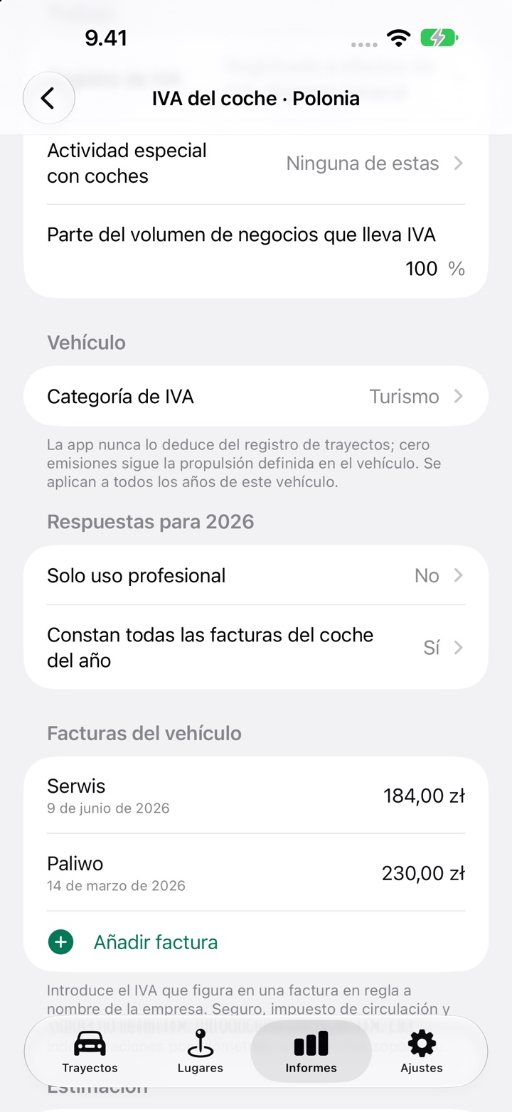 La pantalla de IVA del coche para Polonia: registro de IVA, parte de volumen de negocios gravado, categoría de IVA y la pregunta Solo uso profesional