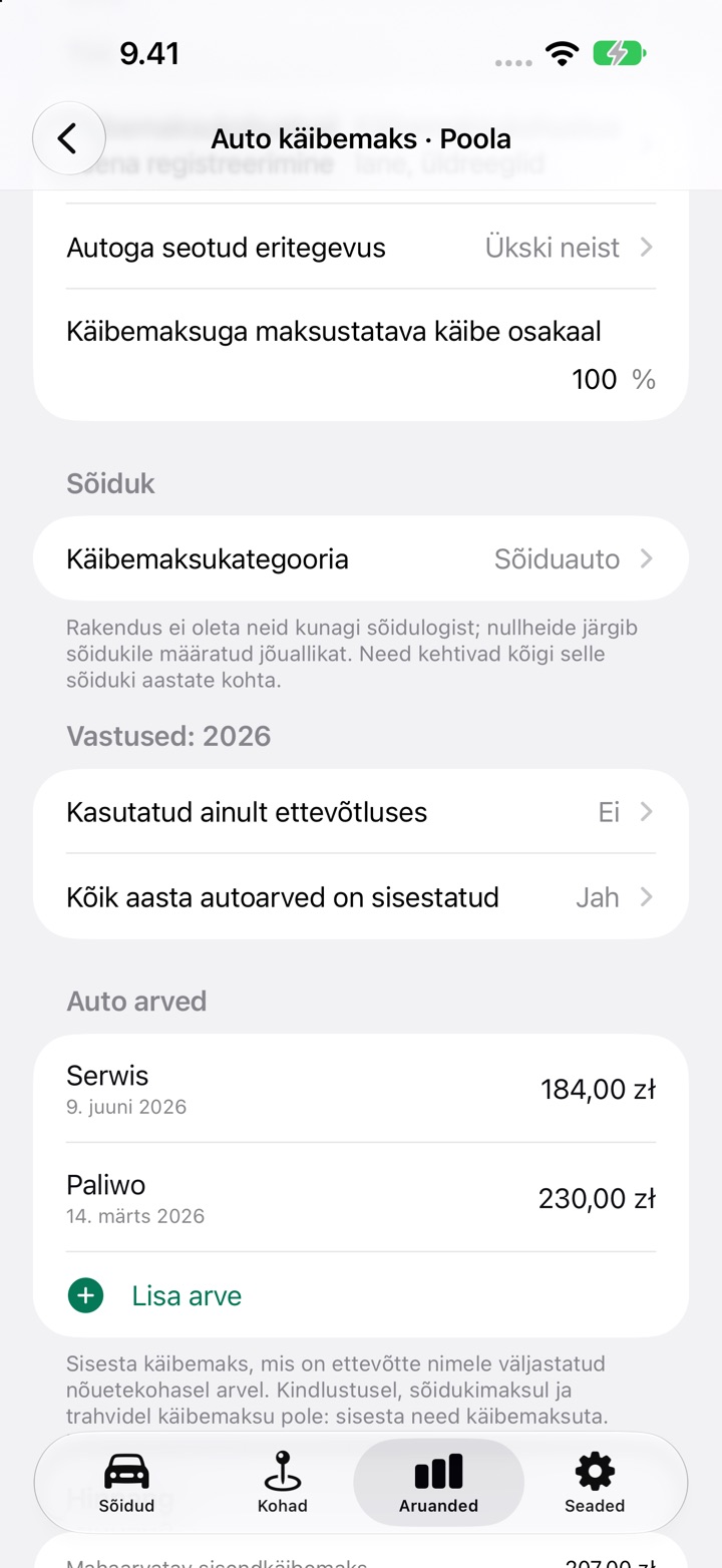 Poola Auto käibemaksu ekraan: käibemaksukohustuslasena registreerimine, maksustatava käibe osakaal, käibemaksukategooria ja küsimus Kasutatud ainult ettevõtluses