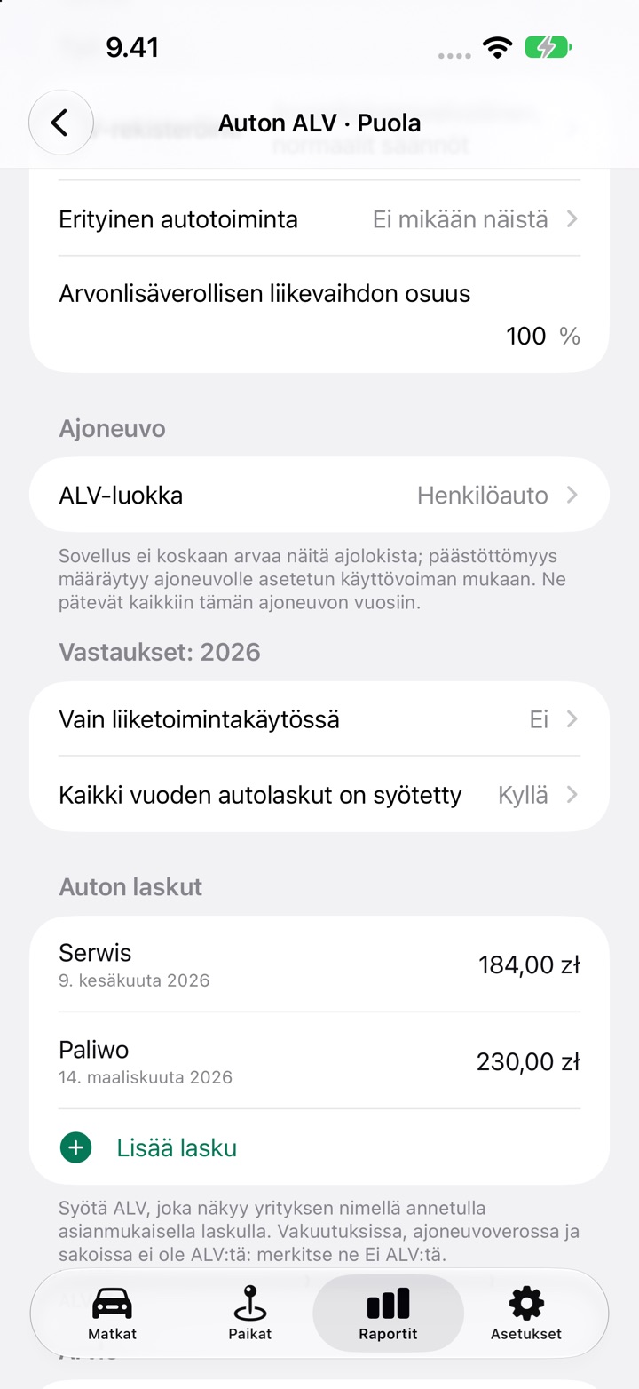Puolan Auton ALV -näyttö: ALV-rekisteröinti, verollisen liikevaihdon osuus, ALV-luokka ja Vain liiketoimintakäytössä -kysymys