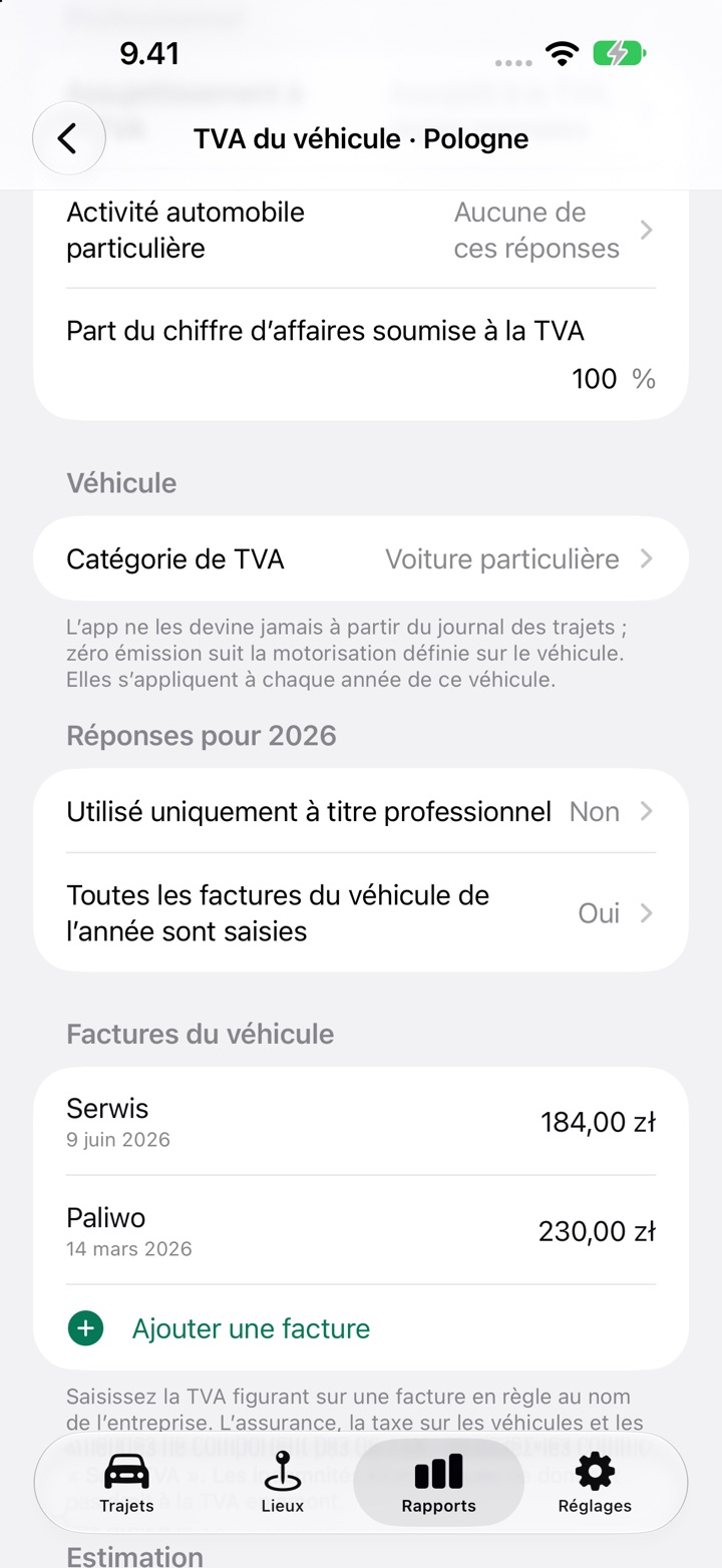 L'écran de TVA du véhicule pour la Pologne : assujettissement à la TVA, part du chiffre d'affaires imposé, catégorie de TVA et la question « Utilisé uniquement à titre professionnel »