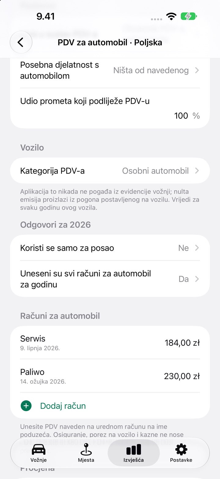 Zaslon PDV-a za automobil za Poljsku: upis u sustav PDV-a, udio oporezivog prometa, kategorija PDV-a i pitanje Koristi se samo za posao