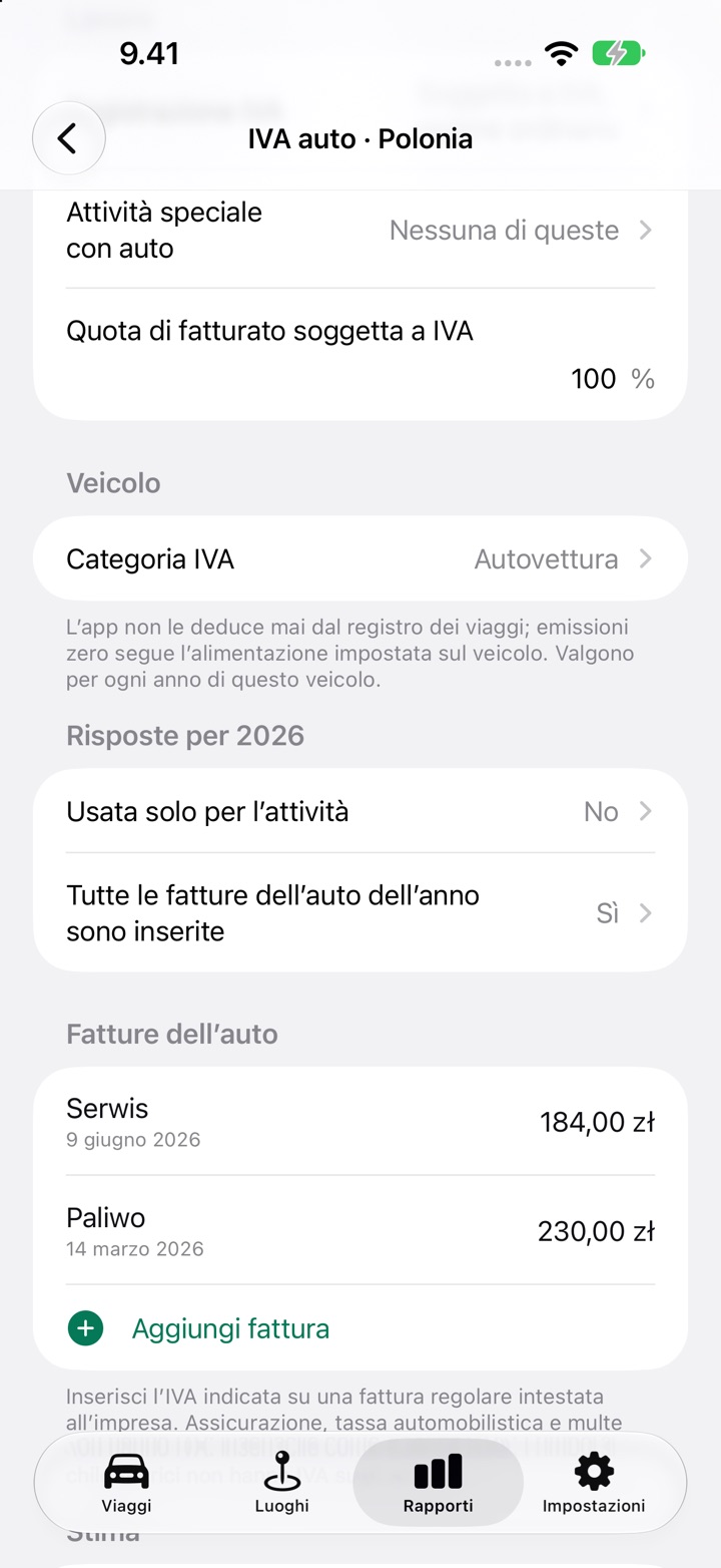 La schermata IVA auto per la Polonia: registrazione IVA, quota di fatturato imponibile, categoria IVA e la domanda Usata solo per l’attività
