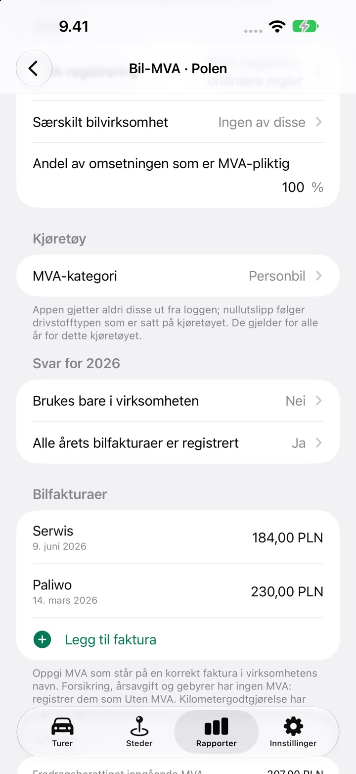 Skjermen Bil-MVA for Polen: MVA-registrering, andel MVA-pliktig omsetning, MVA-kategori og spørsmålet Brukes bare i virksomheten