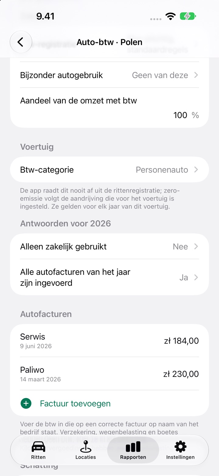 Het scherm Auto-btw voor Polen: btw-registratie, aandeel belaste omzet, btw-categorie en de vraag Alleen zakelijk gebruikt