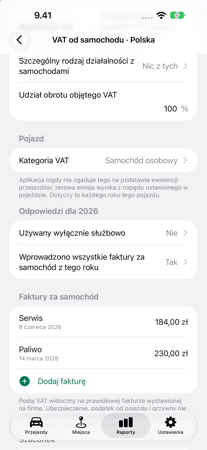 Ekran VAT od samochodu dla Polski: rejestracja VAT, udział obrotu opodatkowanego, kategoria VAT i pytanie Używany wyłącznie służbowo