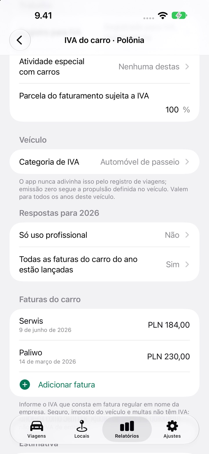 Tela de IVA do carro da Polônia: registro para IVA, parcela da receita tributada, categoria de IVA e a pergunta Só uso profissional