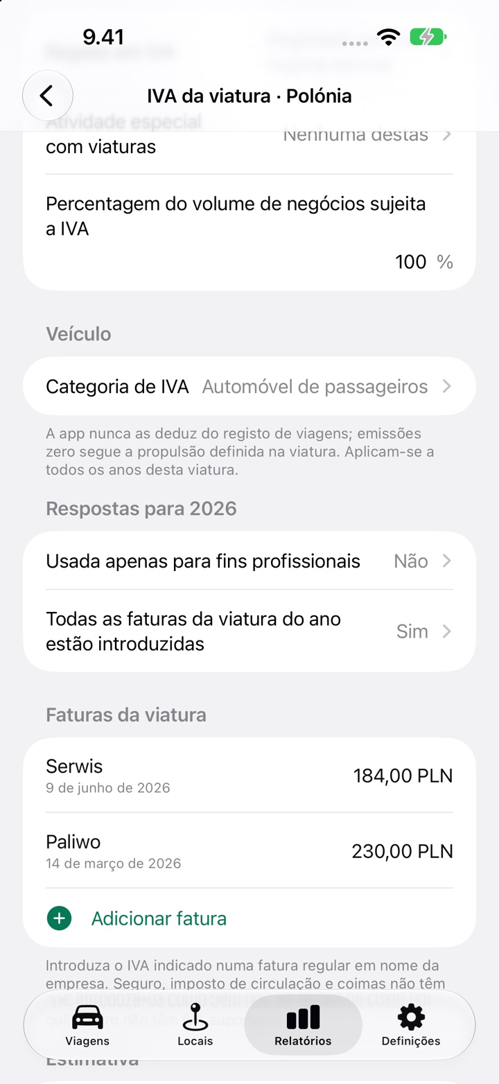 O ecrã de IVA da viatura para a Polónia: registo em IVA, percentagem do volume de negócios tributado, categoria de IVA e a pergunta Usada apenas para fins profissionais