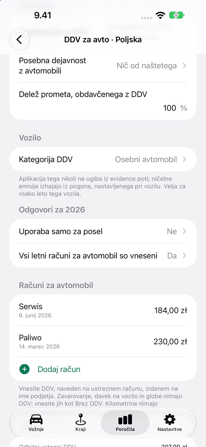 Zaslon DDV za avto za Poljsko: registracija za DDV, delež obdavčenega prometa, kategorija DDV in vprašanje Uporaba samo za posel