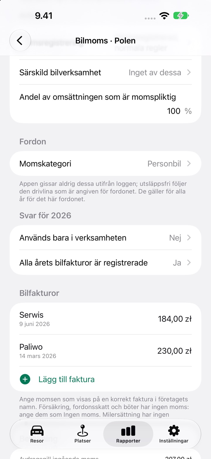 Skärmen Bilmoms för Polen: momsregistrering, andel momspliktig omsättning, momskategori och frågan Används bara i verksamheten