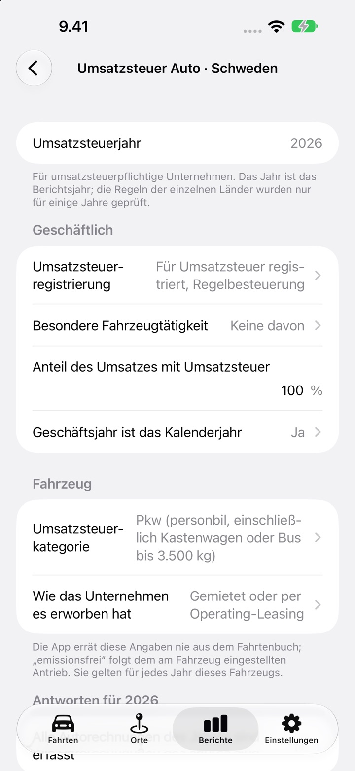 Der Bildschirm Umsatzsteuer Auto von DriveHub für ein schwedisches Auto: Umsatzsteuerregistrierung, Anteil des Umsatzes mit Umsatzsteuer und Kalenderjahr als Geschäftsjahr unter Geschäftlich, dann Umsatzsteuerkategorie und „Gemietet oder per Operating-Leasing“ unter Fahrzeug