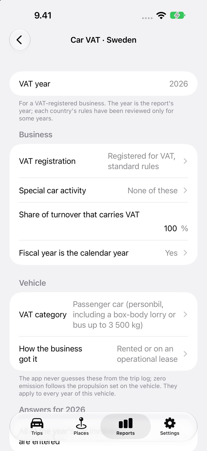 DriveHub's Car VAT screen for a Swedish car: VAT registration, share of turnover carrying VAT and calendar fiscal year under Business, then VAT category and "Rented or on an operational lease" under Vehicle