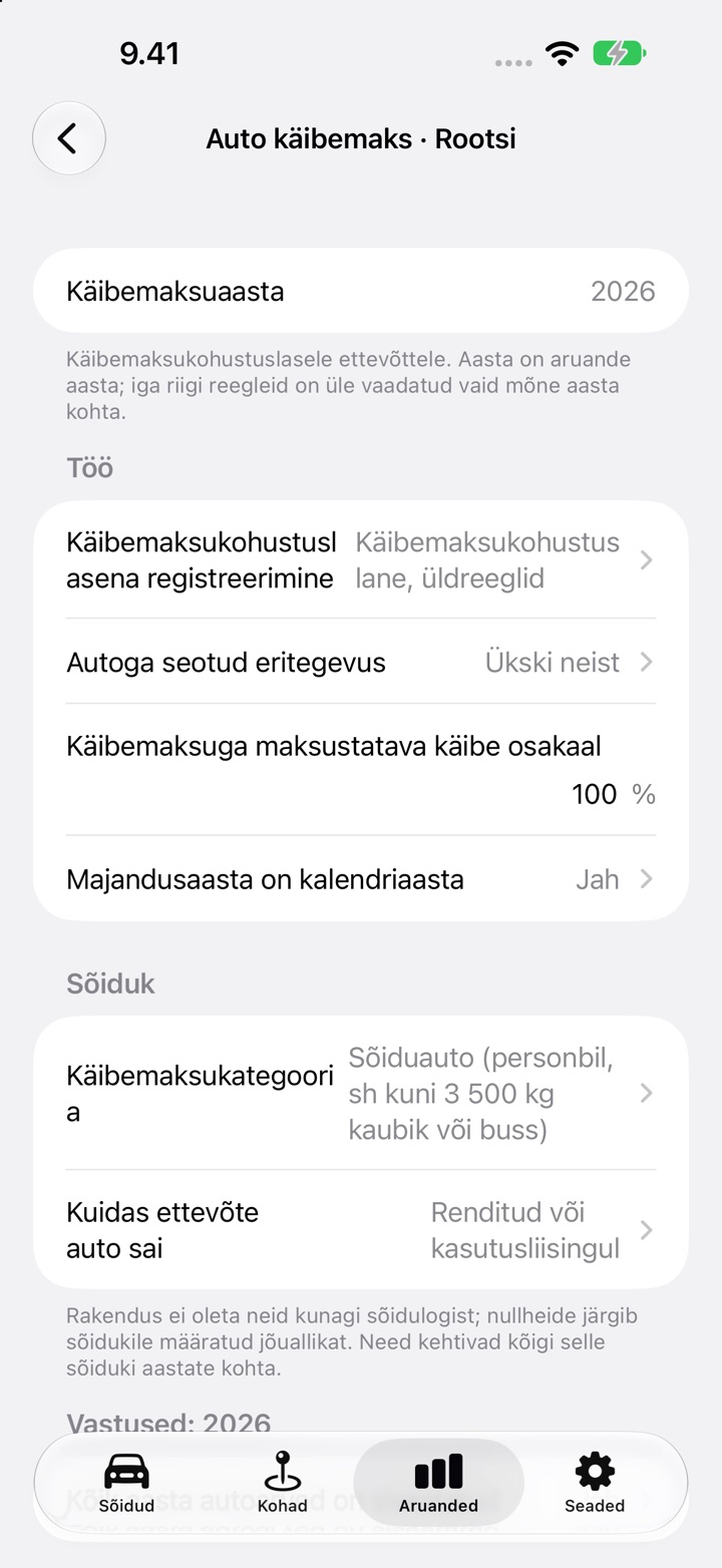 DriveHubi Auto käibemaksu ekraan Rootsi auto jaoks: Käibemaksukohustuslasena registreerimine, käibemaksuga maksustatava käibe osakaal ja kalendriaasta majandusaasta jaotises Töö, seejärel Käibemaksukategooria ja „Renditud või kasutusliisingul“ jaotises Sõiduk