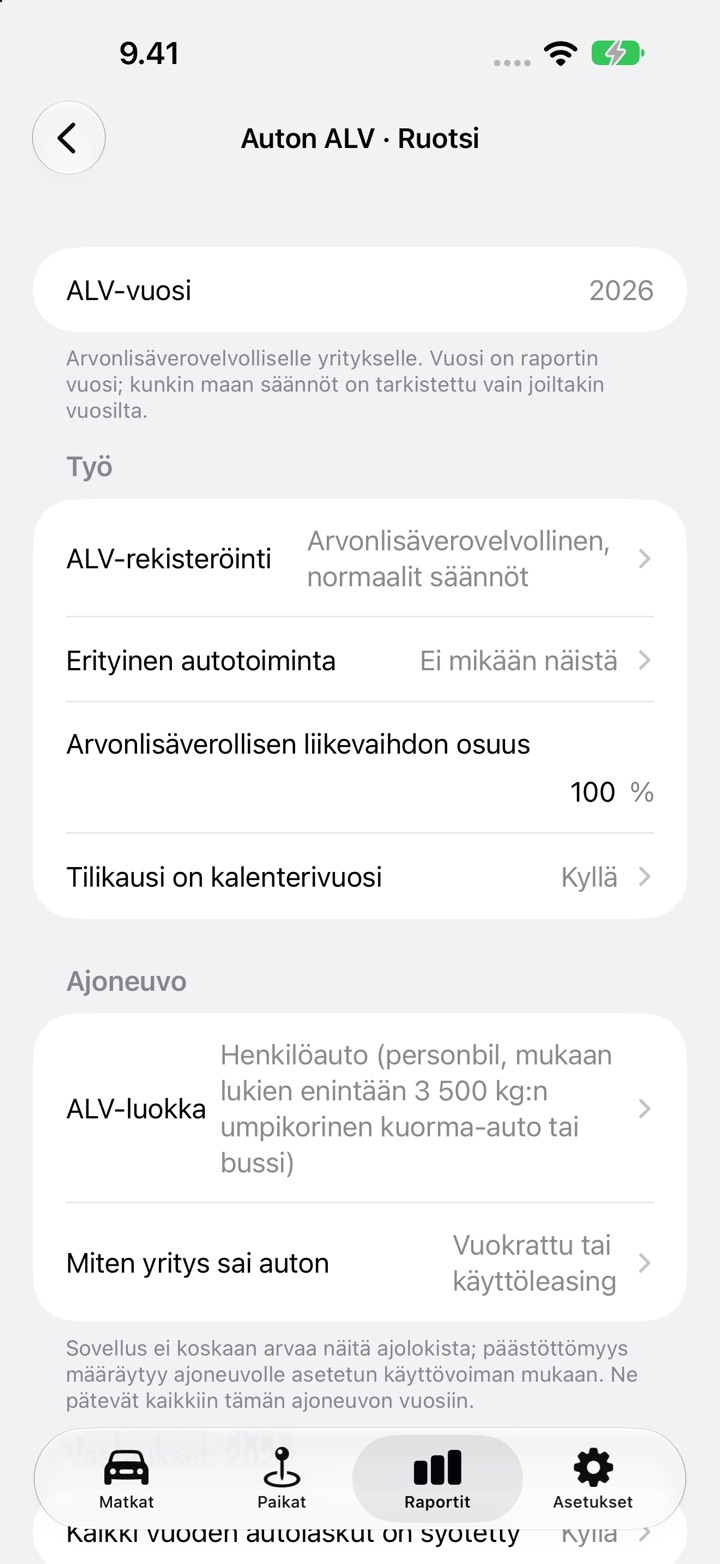 DriveHubin Auton ALV -näyttö ruotsalaiselle autolle: ALV-rekisteröinti, verollisen liikevaihdon osuus ja kalenterivuosi tilikautena kohdassa Työ, sitten ALV-luokka ja "Vuokrattu tai käyttöleasing" kohdassa Ajoneuvo