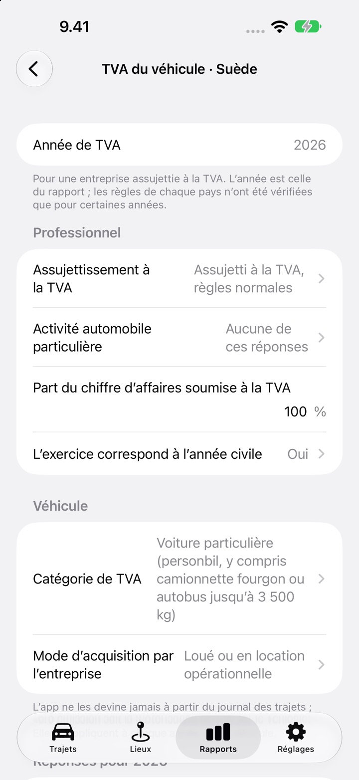 L'écran de TVA du véhicule de DriveHub pour une voiture suédoise : assujettissement à la TVA, part du chiffre d'affaires soumise à la TVA et exercice égal à l'année civile sous Professionnel, puis catégorie de TVA et « Loué ou en location opérationnelle » sous Véhicule