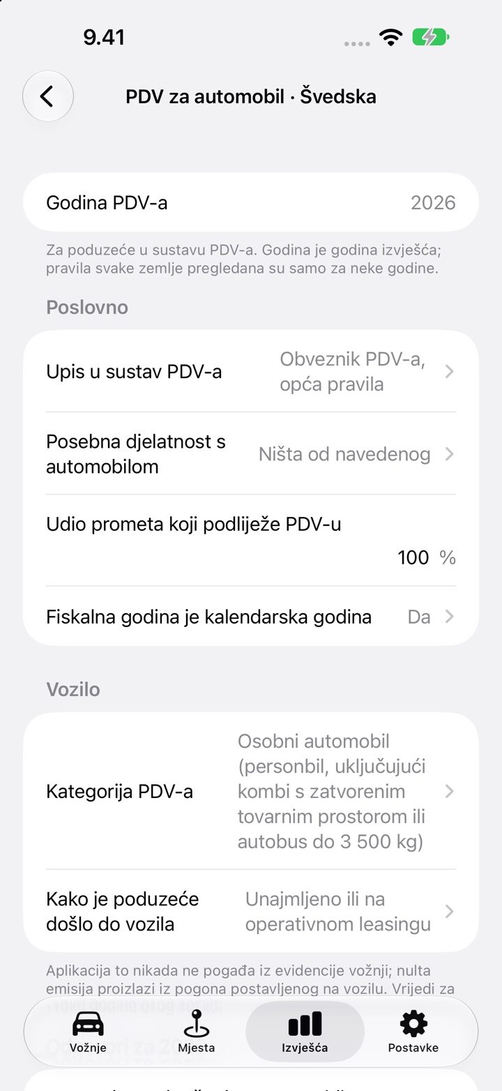 DriveHubov zaslon PDV-a za automobil za švedski automobil: upis u sustav PDV-a, udio prometa koji podliježe PDV-u i kalendarska fiskalna godina pod Poslovno, zatim kategorija PDV-a i „Unajmljeno ili na operativnom leasingu“ pod Vozilo