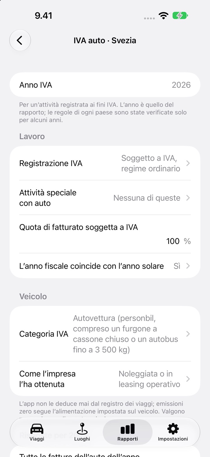 La schermata IVA auto di DriveHub per un’auto svedese: registrazione IVA, quota di fatturato soggetta a IVA e anno fiscale coincidente con l’anno solare sotto Lavoro, poi categoria IVA e «Noleggiata o in leasing operativo» sotto Veicolo