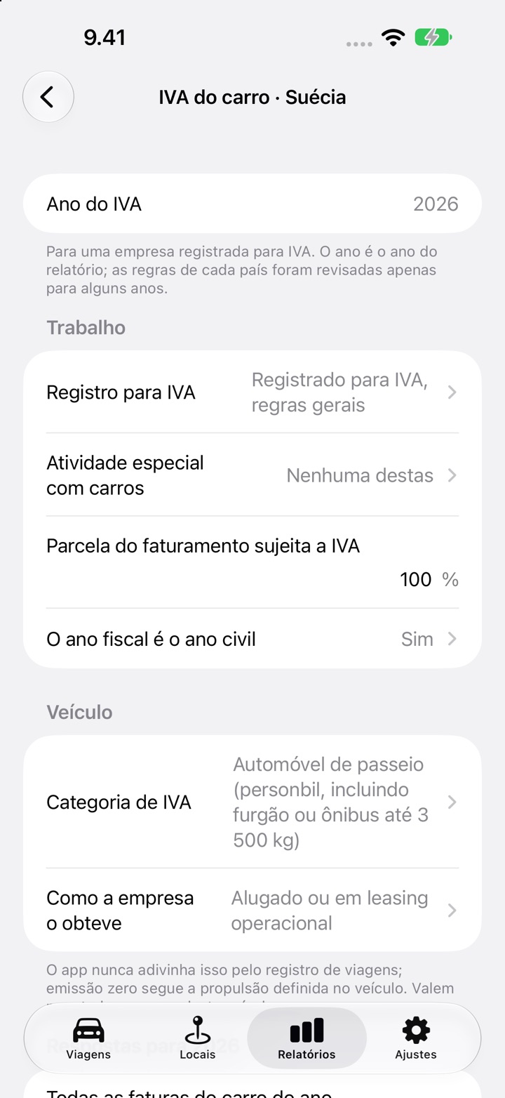 Tela de IVA do carro do DriveHub para um carro sueco: registro para IVA, parcela do faturamento sujeita a IVA e ano fiscal igual ao ano civil em Trabalho, depois categoria de IVA e "Alugado ou em leasing operacional" em Veículo