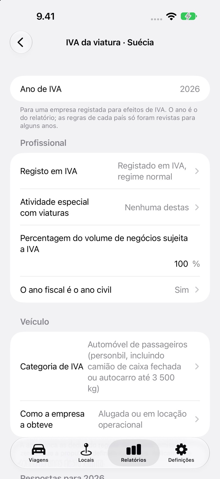 O ecrã de IVA da viatura do DriveHub para um carro sueco: registo em IVA, percentagem do volume de negócios sujeita a IVA e ano fiscal civil em Profissional, depois a categoria de IVA e "Alugada ou em locação operacional" em Veículo