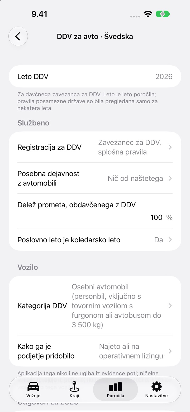 Zaslon DDV za avto v DriveHub za švedski avto: registracija za DDV, delež prometa z DDV in koledarsko poslovno leto pod Službeno, nato kategorija DDV in „Najeto ali na operativnem lizingu“ pod Vozilo
