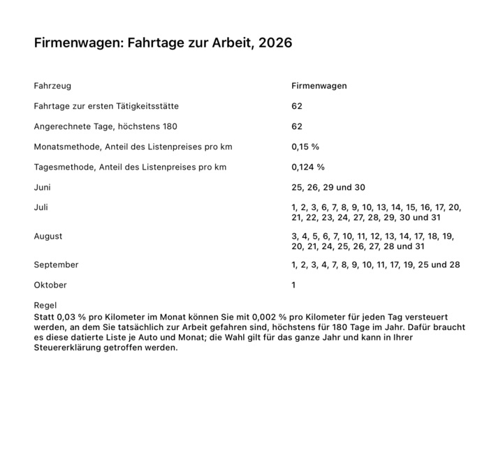 Die Berichtsseite „Firmenwagen: Fahrtage zur Arbeit“ mit den angerechneten Tagen, beiden Methoden als Prozentwerten und den Daten Monat für Monat
