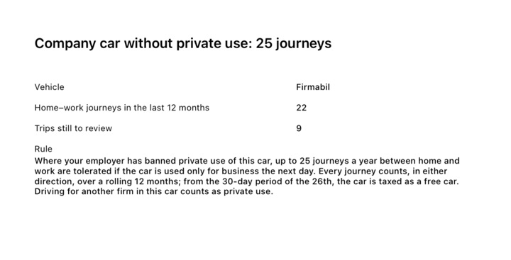 The PDF report page "Company car without private use: 25 journeys": 22 home–work journeys in the last 12 months, 9 trips still to review, and the rule