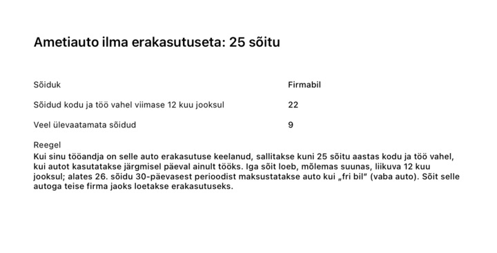 PDF-aruande leht „Ametiauto ilma erakasutuseta: 25 sõitu“: 22 sõitu kodu ja töö vahel viimase 12 kuu jooksul, 9 veel ülevaatamata sõitu ja reegel