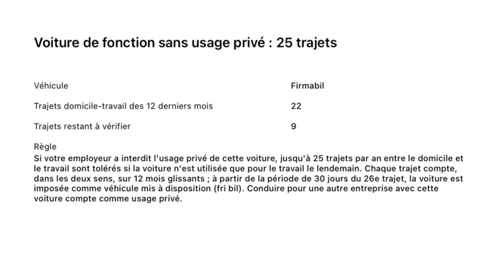 La page du rapport PDF « Voiture de fonction sans usage privé : 25 trajets » : 22 trajets domicile-travail sur les 12 derniers mois, 9 trajets restant à vérifier, et la règle