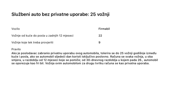 Stranica PDF izvješća „Službeni auto bez privatne uporabe: 25 vožnji”: 22 vožnje od kuće do posla u zadnjih 12 mjeseci, 9 vožnji koje tek treba provjeriti i pravilo