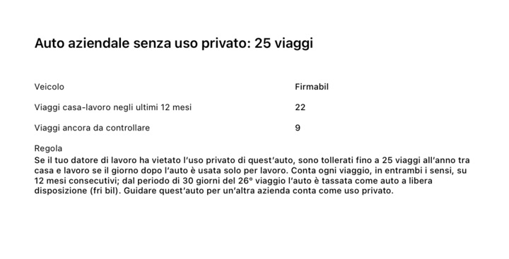 La pagina del rapporto PDF «Auto aziendale senza uso privato: 25 viaggi»: 22 viaggi casa-lavoro negli ultimi 12 mesi, 9 viaggi ancora da controllare e la regola