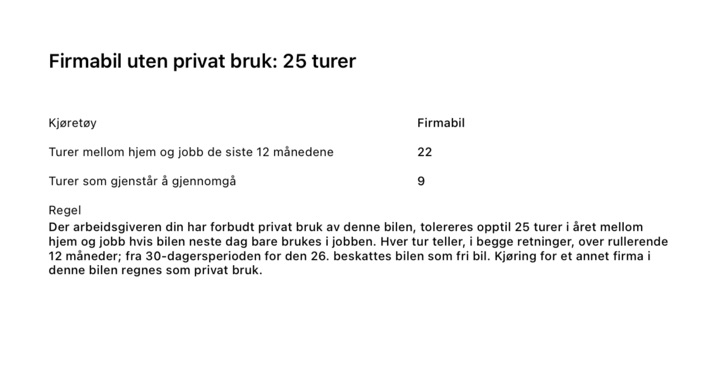 PDF-rapportens side «Firmabil uten privat bruk: 25 turer»: 22 turer mellom hjem og jobb de siste 12 månedene, 9 turer som gjenstår å gjennomgå, og regelen