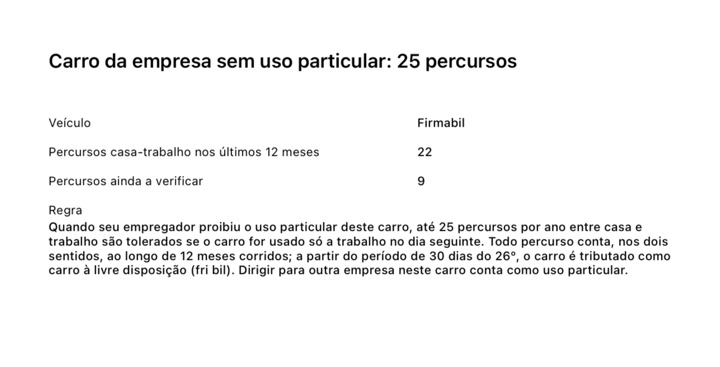 A página do relatório em PDF "Carro da empresa sem uso particular: 25 percursos": 22 percursos casa-trabalho nos últimos 12 meses, 9 percursos ainda a verificar e a regra