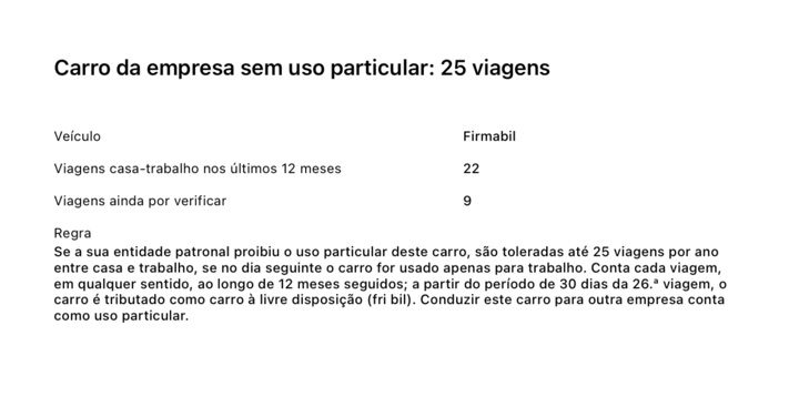 A página do relatório em PDF "Carro da empresa sem uso particular: 25 viagens": 22 viagens casa-trabalho nos últimos 12 meses, 9 viagens ainda por verificar e a regra
