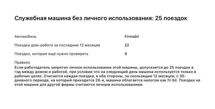 Страница PDF-отчёта «Служебная машина без личного использования: 25 поездок»: 22 поездки дом–работа за последние 12 месяцев, 9 поездок, которые ещё нужно проверить, и правило