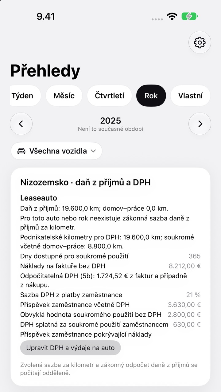 Karta Nizozemsko · daň z příjmů a DPH s položkou DPH splatná za soukromé použití zaměstnancem a použitou metodou