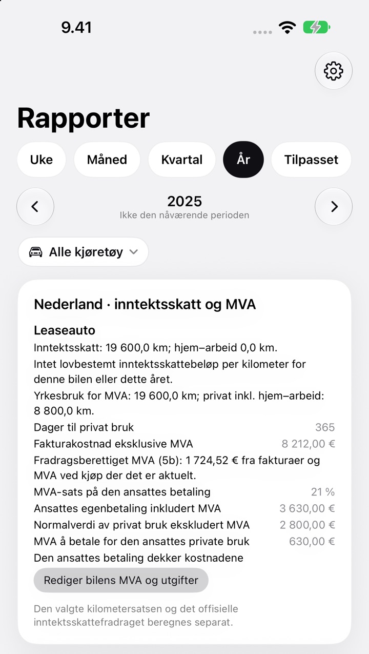 Kortet Nederland · inntektsskatt og MVA som viser MVA å betale for den ansattes private bruk og metoden som er brukt