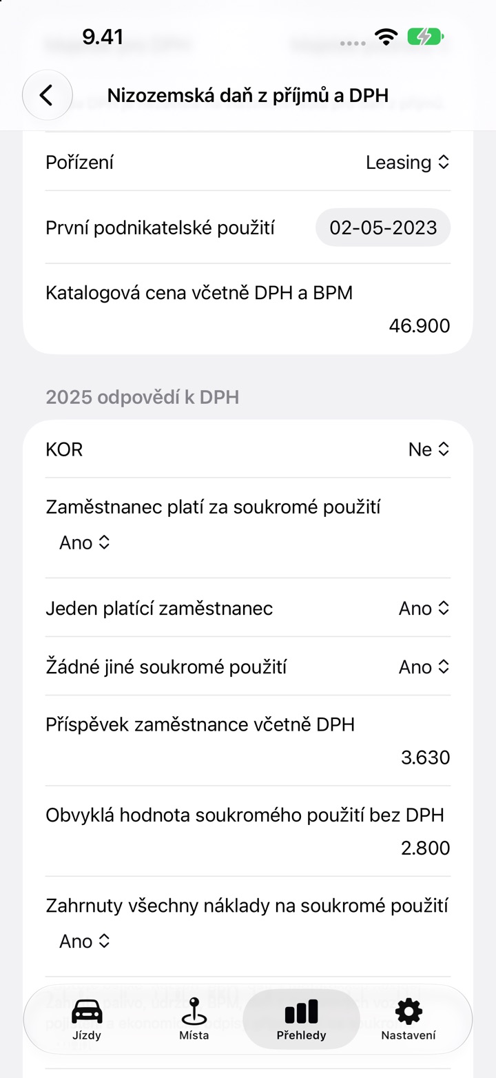 Obrazovka Nizozemská daň z příjmů a DPH s vyplněnými odpověďmi k položce Zaměstnanec platí za soukromé použití