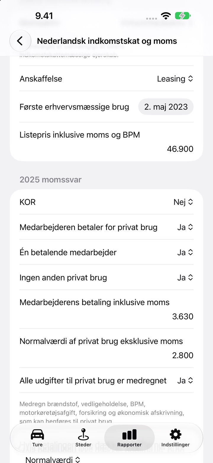 Skærmen Nederlandsk indkomstskat og moms med svarene under Medarbejderen betaler for privat brug udfyldt