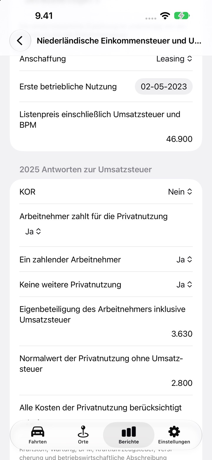 Der Bildschirm Niederländische Einkommensteuer und Umsatzsteuer mit ausgefüllten Angaben zu Arbeitnehmer zahlt für die Privatnutzung