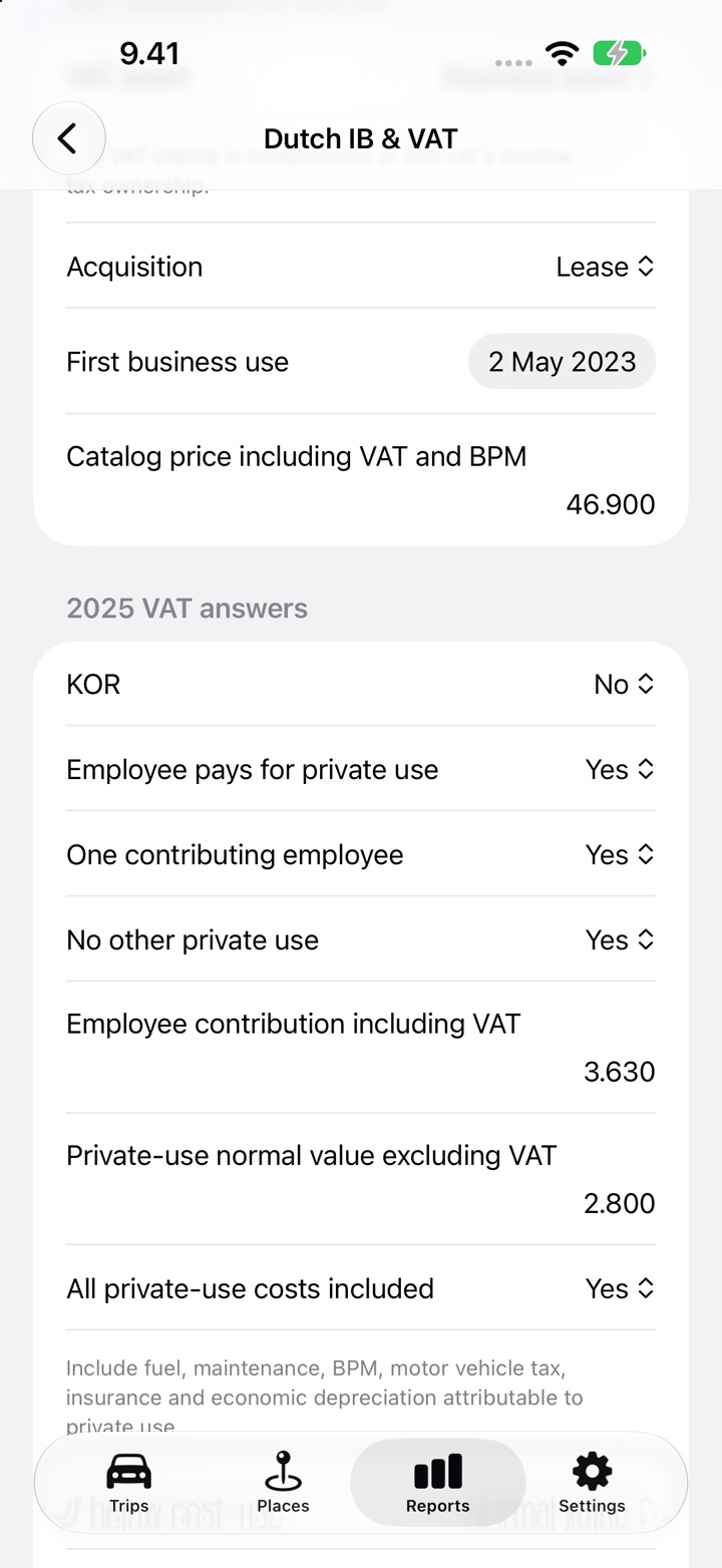 The Dutch IB & VAT screen with the Employee pays for private use answers filled in