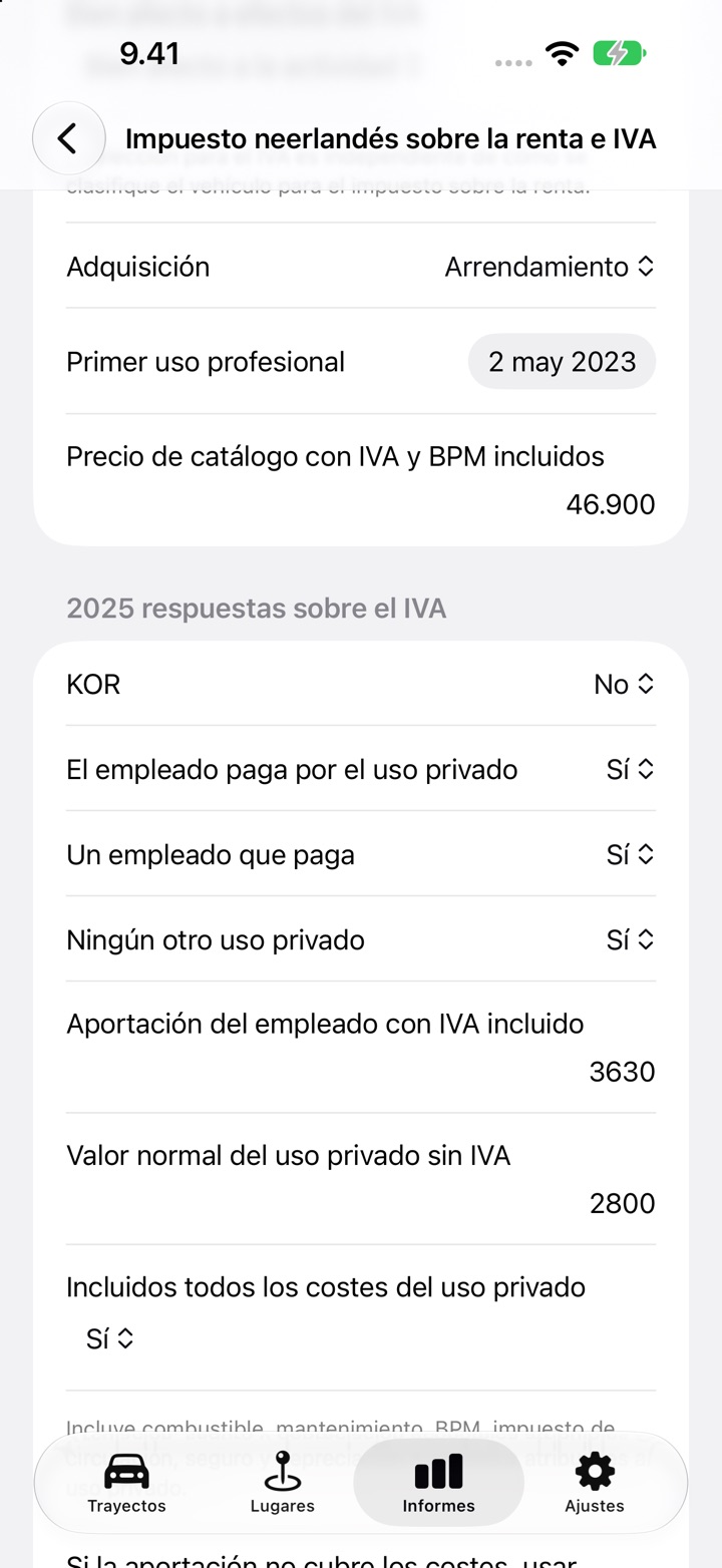 La pantalla Impuesto neerlandés sobre la renta e IVA con las respuestas de El empleado paga por el uso privado rellenadas